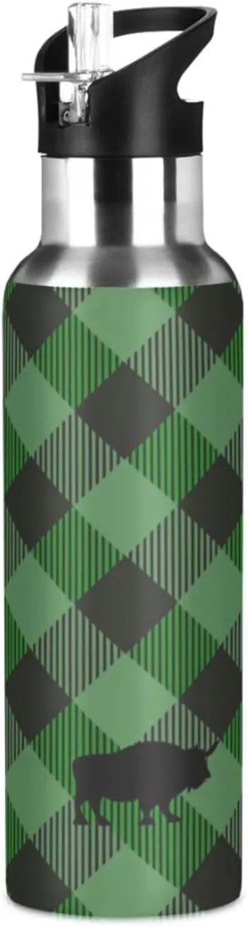 Qilmy Green Checkered Sport Water Bottle with Straw Lid Double Wall Vacuum Insulated Flask Stainless Steel Water Bottle 20 oz