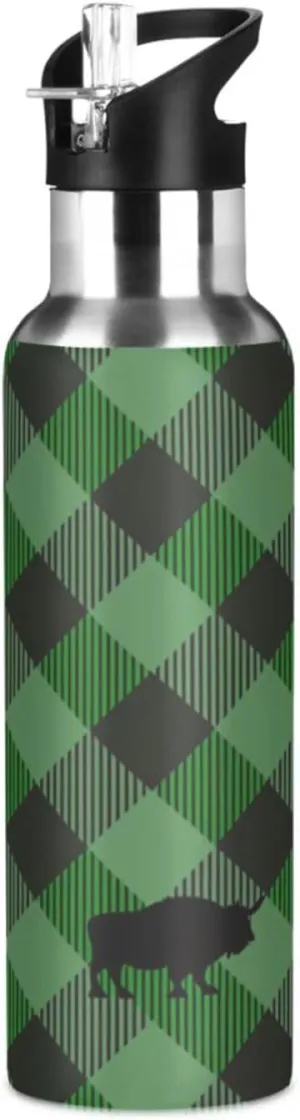 Qilmy Green Checkered Sport Water Bottle with Straw Lid Double Wall Vacuum Insulated Flask Stainless Steel Water Bottle 20 oz