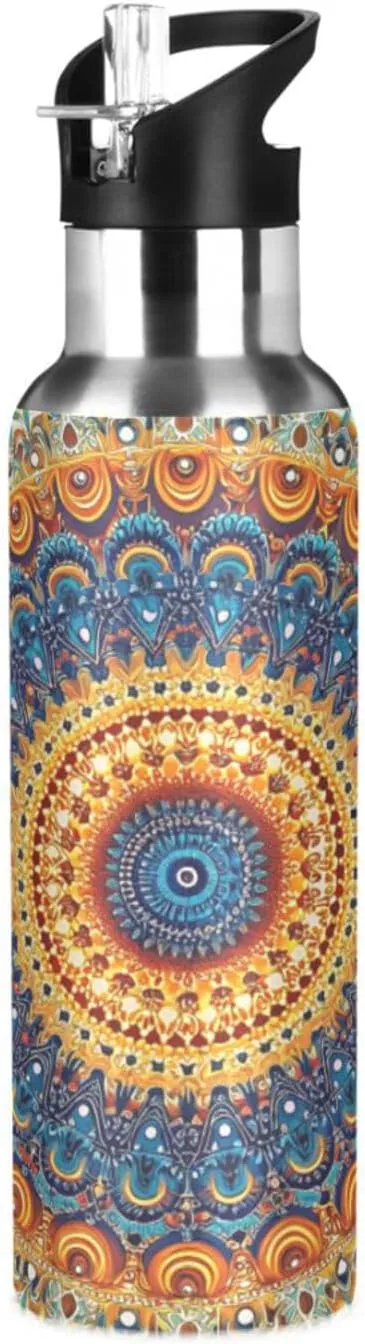 Qilmy Mandala Sport Water Bottle with Straw Lid Double Wall Vacuum Insulated Flask Stainless Steel Water Bottle 20 oz