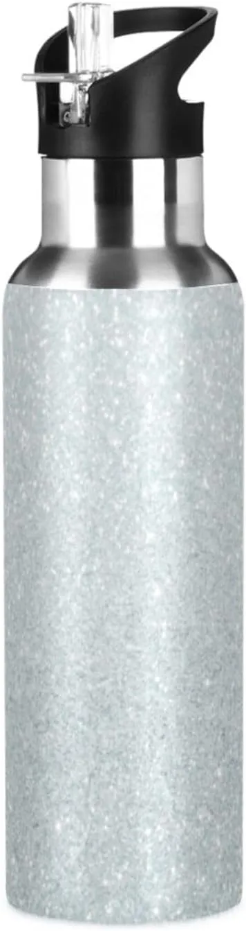 Qilmy Silver Glitter Texture Sport Water Bottle with Straw Lid Double Wall Vacuum Insulated Flask Stainless Steel Water Bottle 20 oz