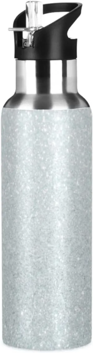 Qilmy Silver Glitter Texture Sport Water Bottle with Straw Lid Double Wall Vacuum Insulated Flask Stainless Steel Water Bottle 20 oz