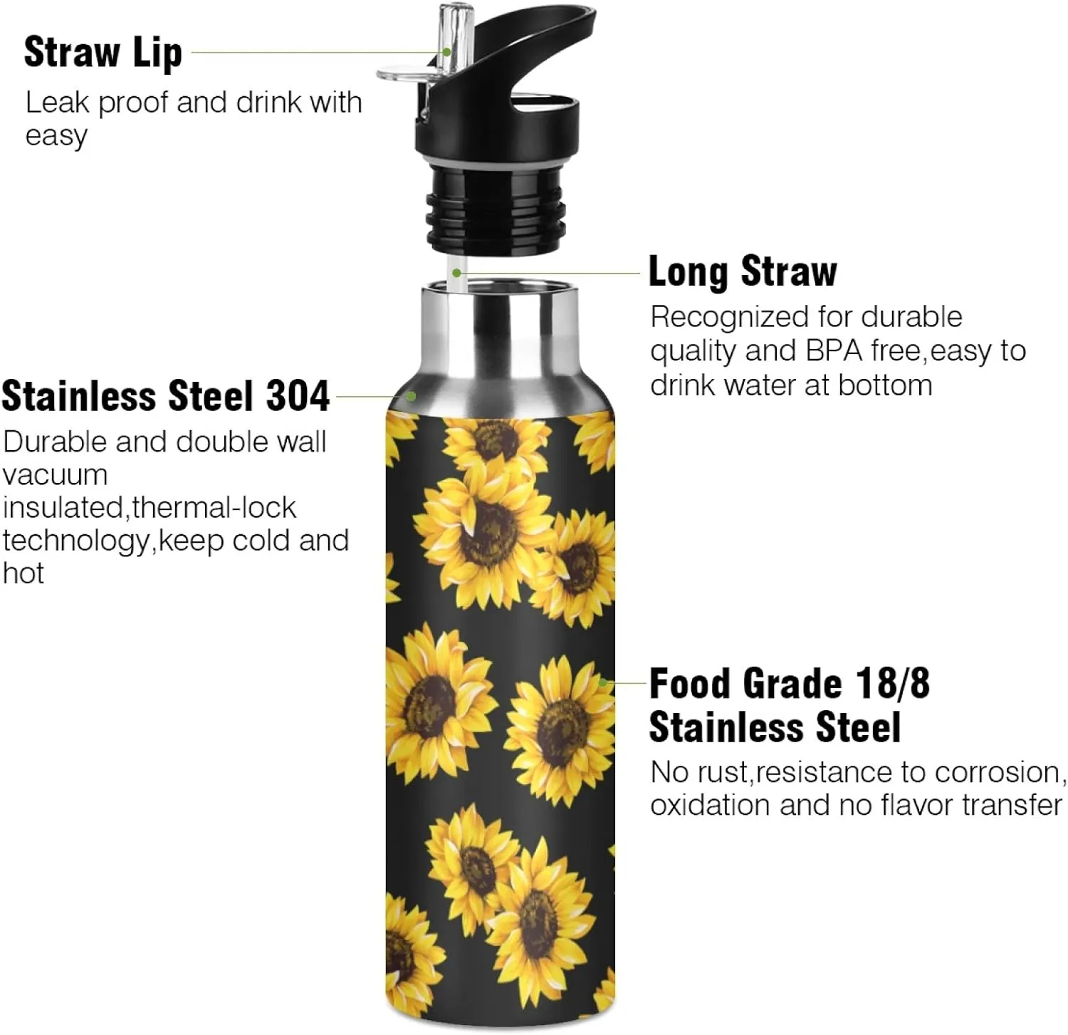 Qilmy Sunflower Sport Water Bottle with Straw Lid Double Wall Vacuum Insulated Flask Stainless Steel Water Bottle 20 oz