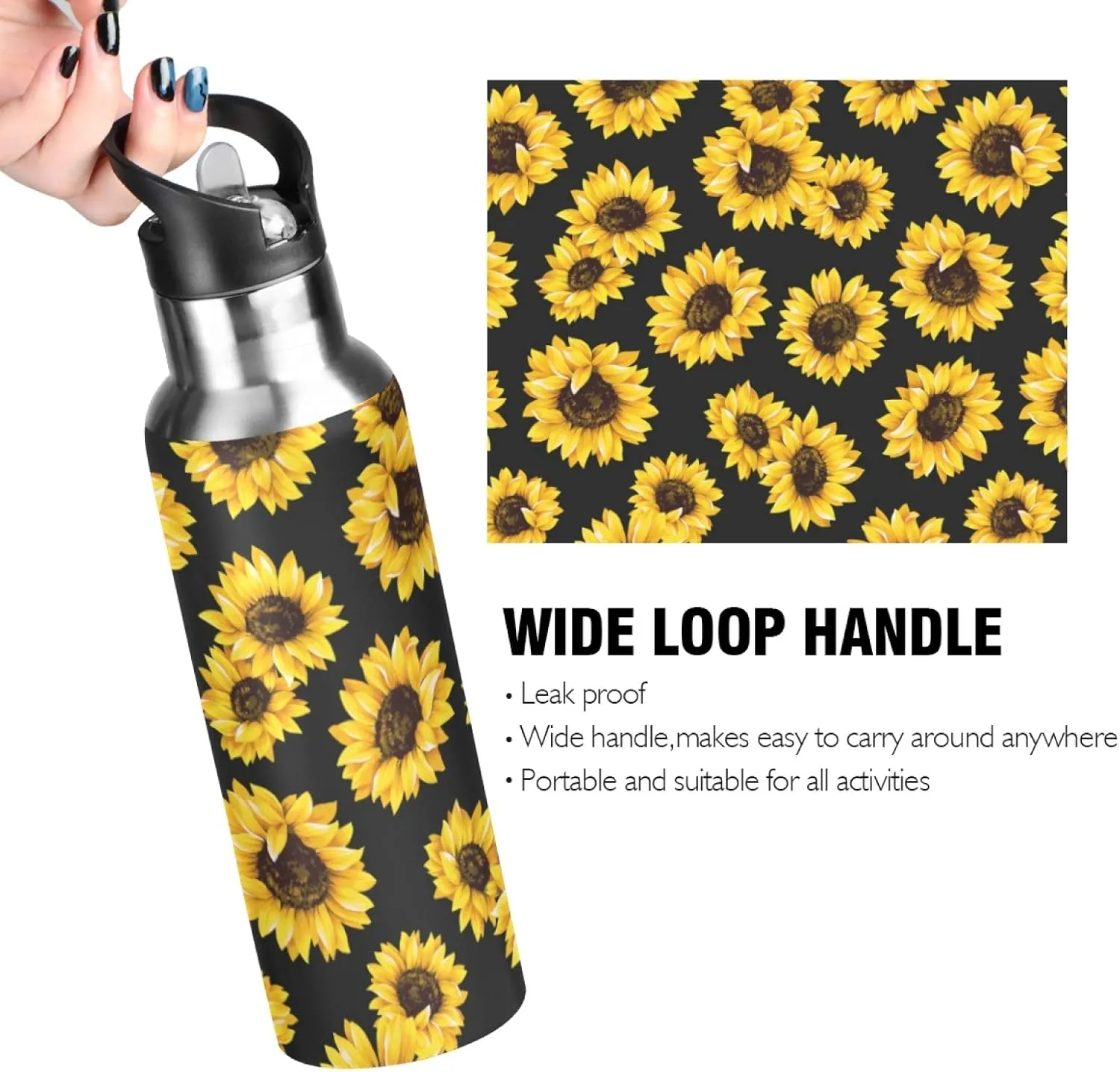 Qilmy Sunflower Sport Water Bottle with Straw Lid Double Wall Vacuum Insulated Flask Stainless Steel Water Bottle 20 oz