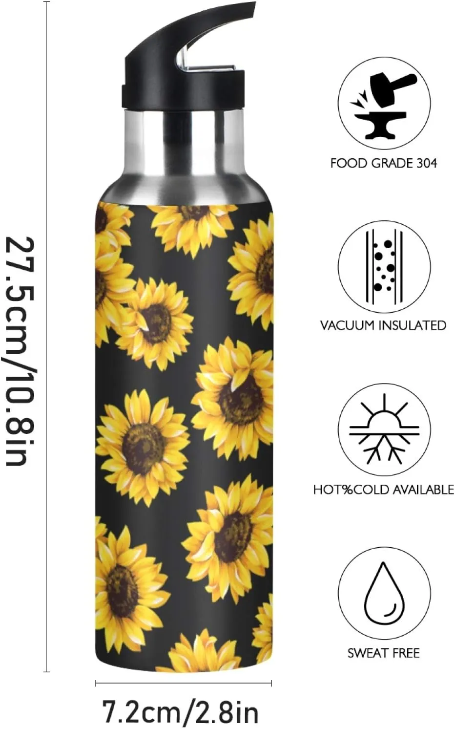 Qilmy Sunflower Sport Water Bottle with Straw Lid Double Wall Vacuum Insulated Flask Stainless Steel Water Bottle 20 oz