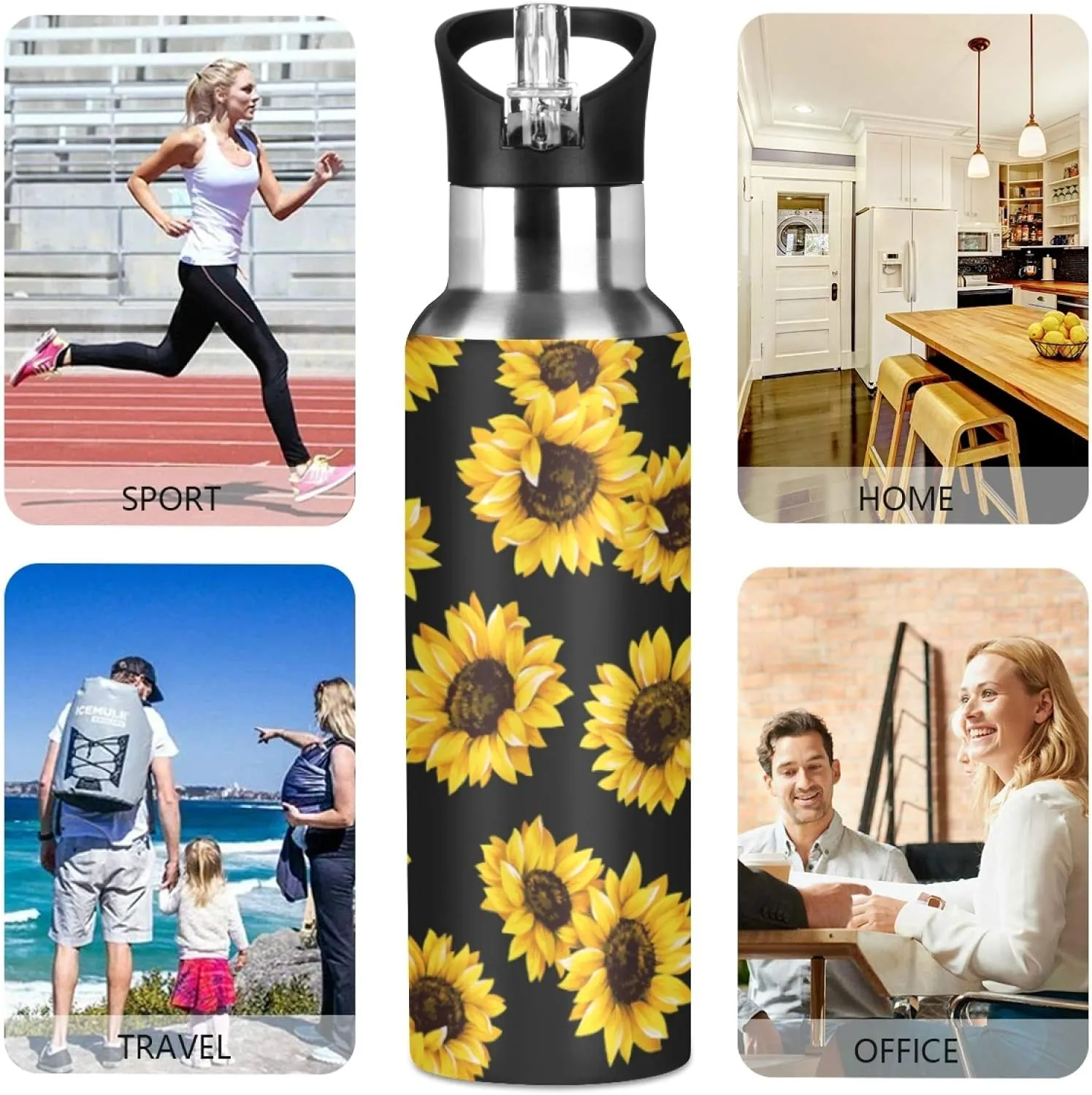 Qilmy Sunflower Sport Water Bottle with Straw Lid Double Wall Vacuum Insulated Flask Stainless Steel Water Bottle 20 oz