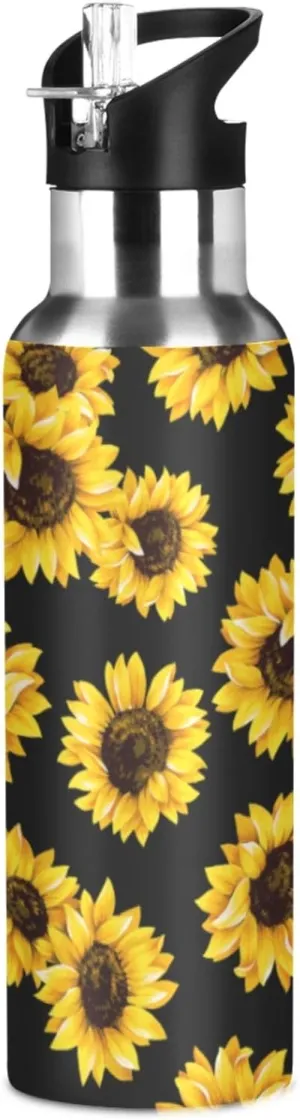Qilmy Sunflower Sport Water Bottle with Straw Lid Double Wall Vacuum Insulated Flask Stainless Steel Water Bottle 20 oz