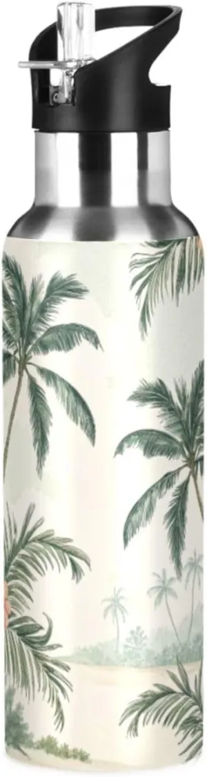 Qilmy Tropical Vintage Palm Trees Sport Water Bottle with Straw Lid Double Wall Vacuum Insulated Flask Stainless Steel Water Bottle 20 oz