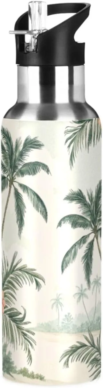 Qilmy Tropical Vintage Palm Trees Sport Water Bottle with Straw Lid Double Wall Vacuum Insulated Flask Stainless Steel Water Bottle 20 oz