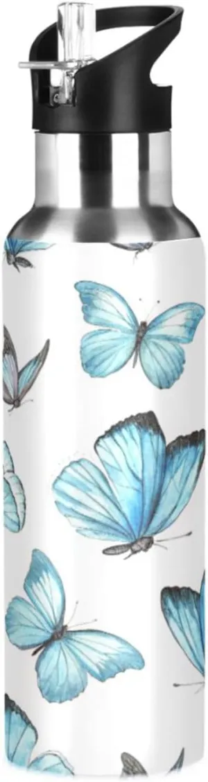 Qilmy Watercolor Blue Butterfly Sport Water Bottle with Straw Lid Double Wall Vacuum Insulated Flask Stainless Steel Water Bottle 20 oz