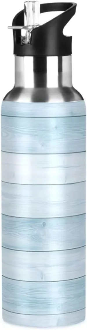 Qilmy Wood Texture Sport Water Bottle with Straw Lid Double Wall Vacuum Insulated Flask Stainless Steel Water Bottle 20 oz