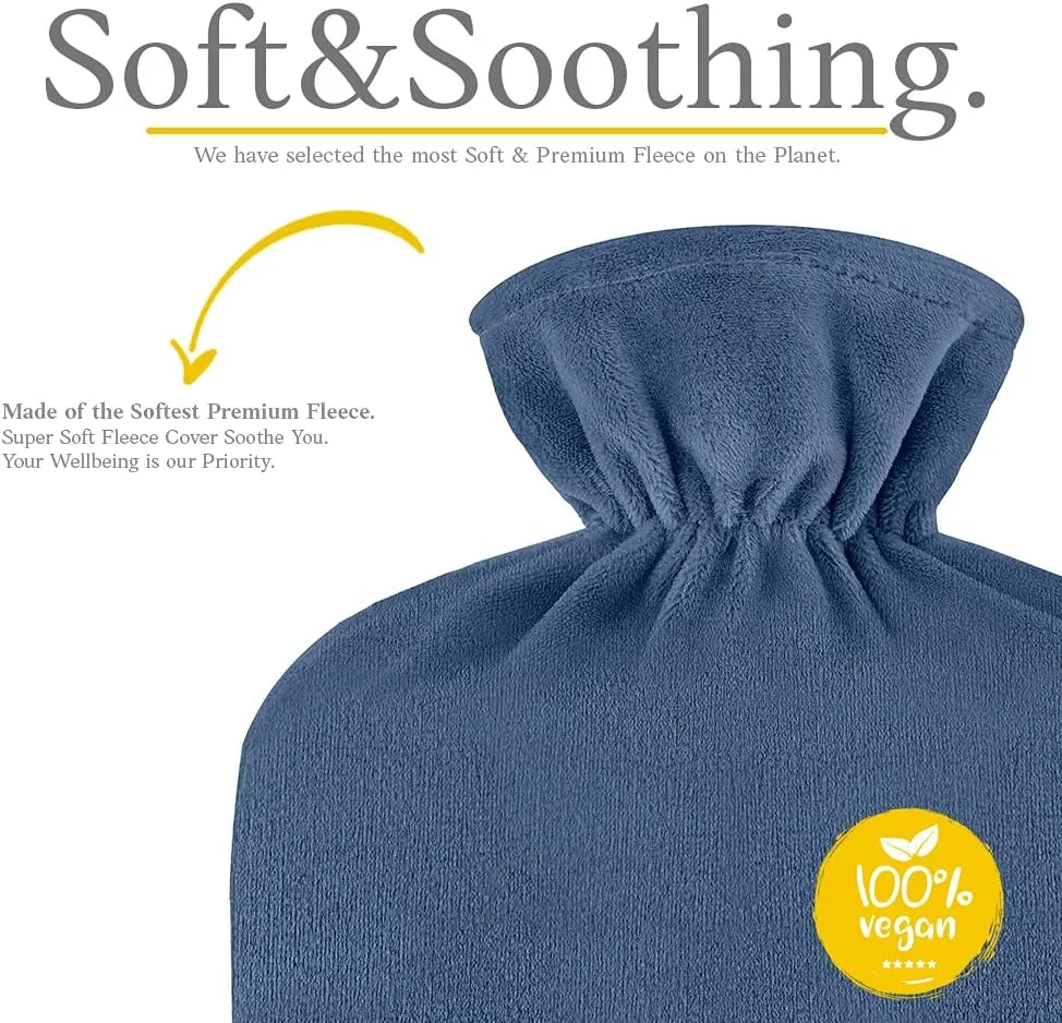 Qomfor Hot Water Bottle with Soft Fleece Cover - 1.8L Large - Premium Hot Water Bag for Pain Relief, Period Cramps, Cozy Nights, Bed Warmer, and Feet Warmer (Dark Blue)