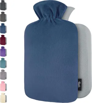 Qomfor Hot Water Bottle with Soft Fleece Cover - 1.8L Large - Premium Hot Water Bag for Pain Relief, Period Cramps, Cozy Nights, Bed Warmer, and Feet Warmer (Dark Blue)
