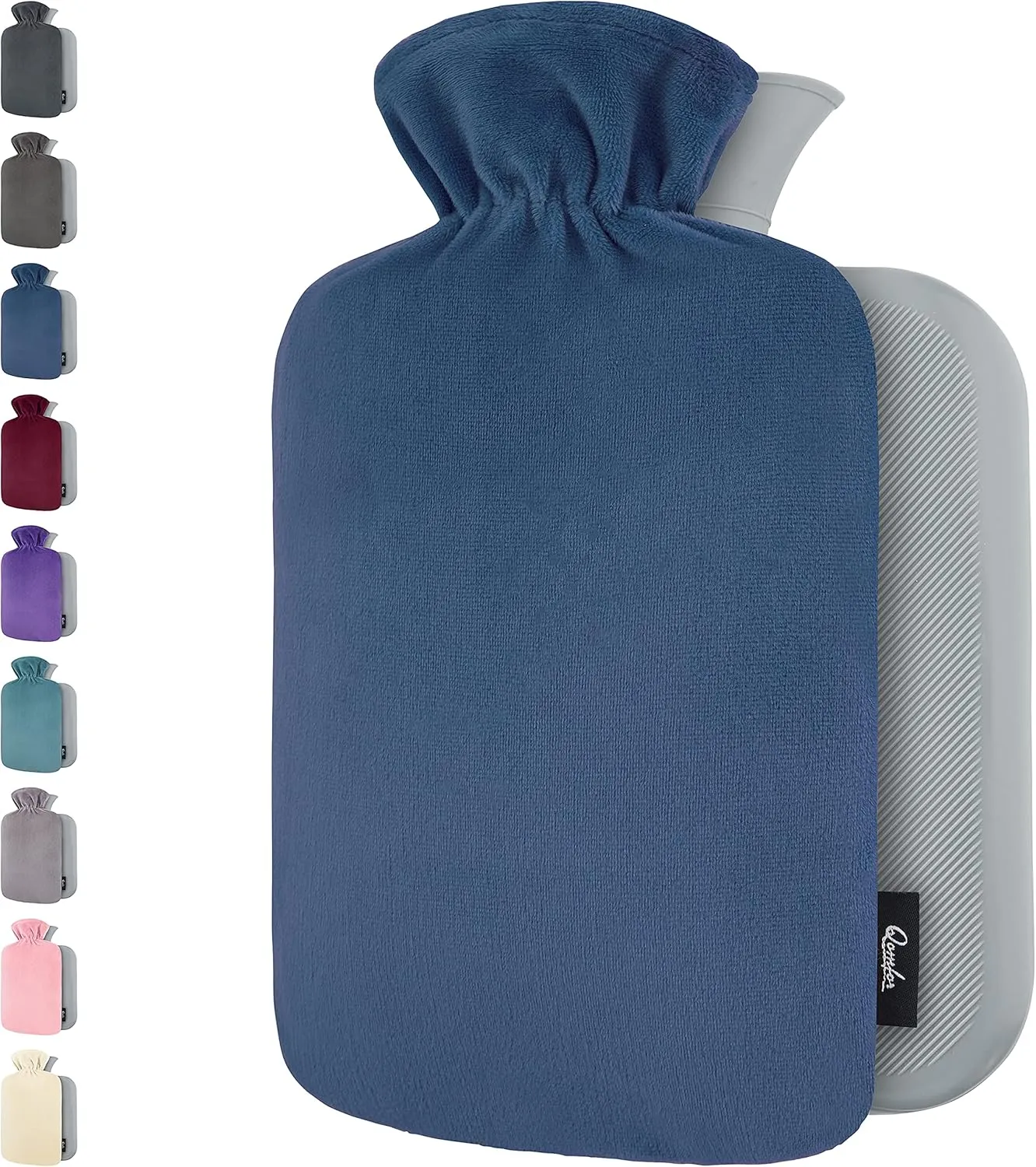 Qomfor Hot Water Bottle with Soft Fleece Cover - 1.8L Large - Premium Hot Water Bag for Pain Relief, Period Cramps, Cozy Nights, Bed Warmer, and Feet Warmer (Dark Blue)
