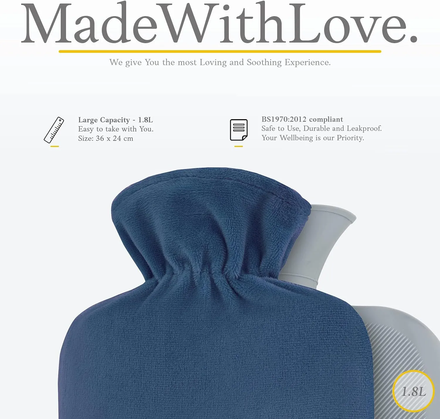 Qomfor Hot Water Bottle with Soft Fleece Cover - 1.8L Large - Premium Hot Water Bag for Pain Relief, Period Cramps, Cozy Nights, Bed Warmer, and Feet Warmer (Dark Blue)
