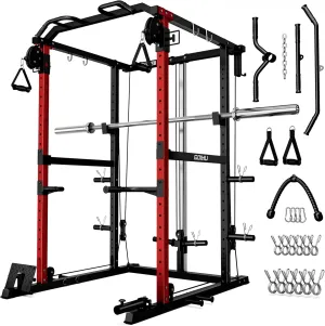 R1-V4 Power Cage Rack, 2000LB Squat Rack with Cable Crossover System, Multi-Function Weight Cage, Home Gym Workout Machine with More Training Attachments
