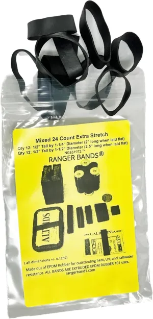 Ranger Bands® Mixed 24 Count Extra Stretch Made of EPDM Rubber and 1 Paracord Bracelet. Survival, Emergency Tinder and Strapping Gear USA