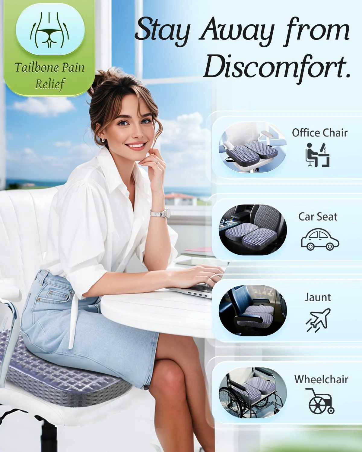 Rapid Cooling Travel Airplane Seat Cushion for Long Flights, Waterproof Stadium Portable Memory Foam Seat Cushion for Kayaking, Camping, Bleachers, Car, Folding Chair Pads for Tailbone Sciatica Pain