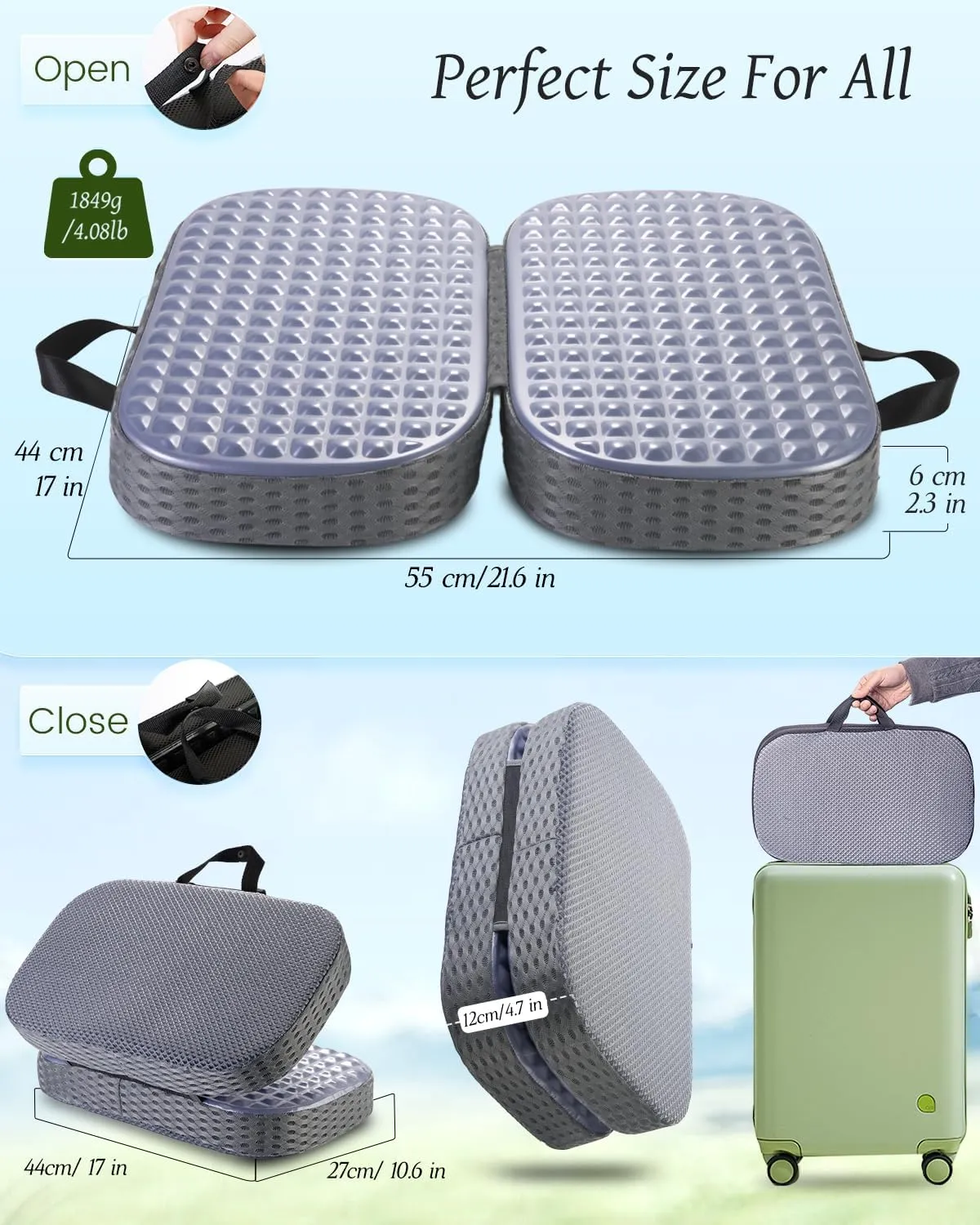 Rapid Cooling Travel Airplane Seat Cushion for Long Flights, Waterproof Stadium Portable Memory Foam Seat Cushion for Kayaking, Camping, Bleachers, Car, Folding Chair Pads for Tailbone Sciatica Pain