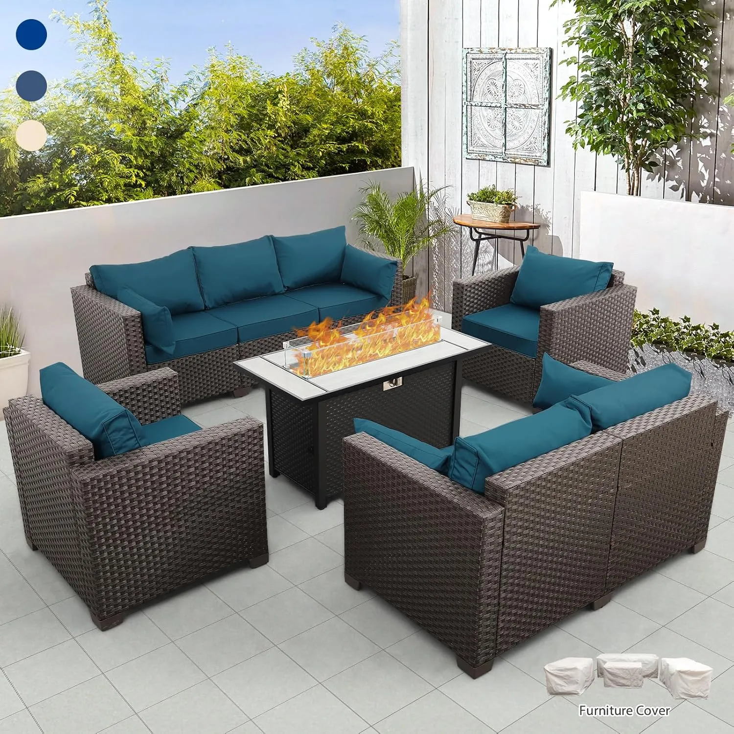 Rattaner 5-Piece Outdoor Patio Furniture 45"" Outdoor Fire Pits Patio Furniture Set 60000BTU Outdoor Propane Fire Pit No-Slip Cushions Waterproof Covers, Peacock Blue