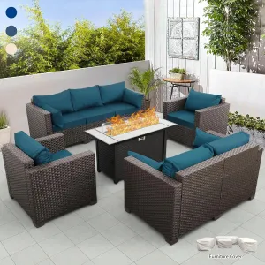 Rattaner 5-Piece Outdoor Patio Furniture 45"" Outdoor Fire Pits Patio Furniture Set 60000BTU Outdoor Propane Fire Pit No-Slip Cushions Waterproof Covers, Peacock Blue