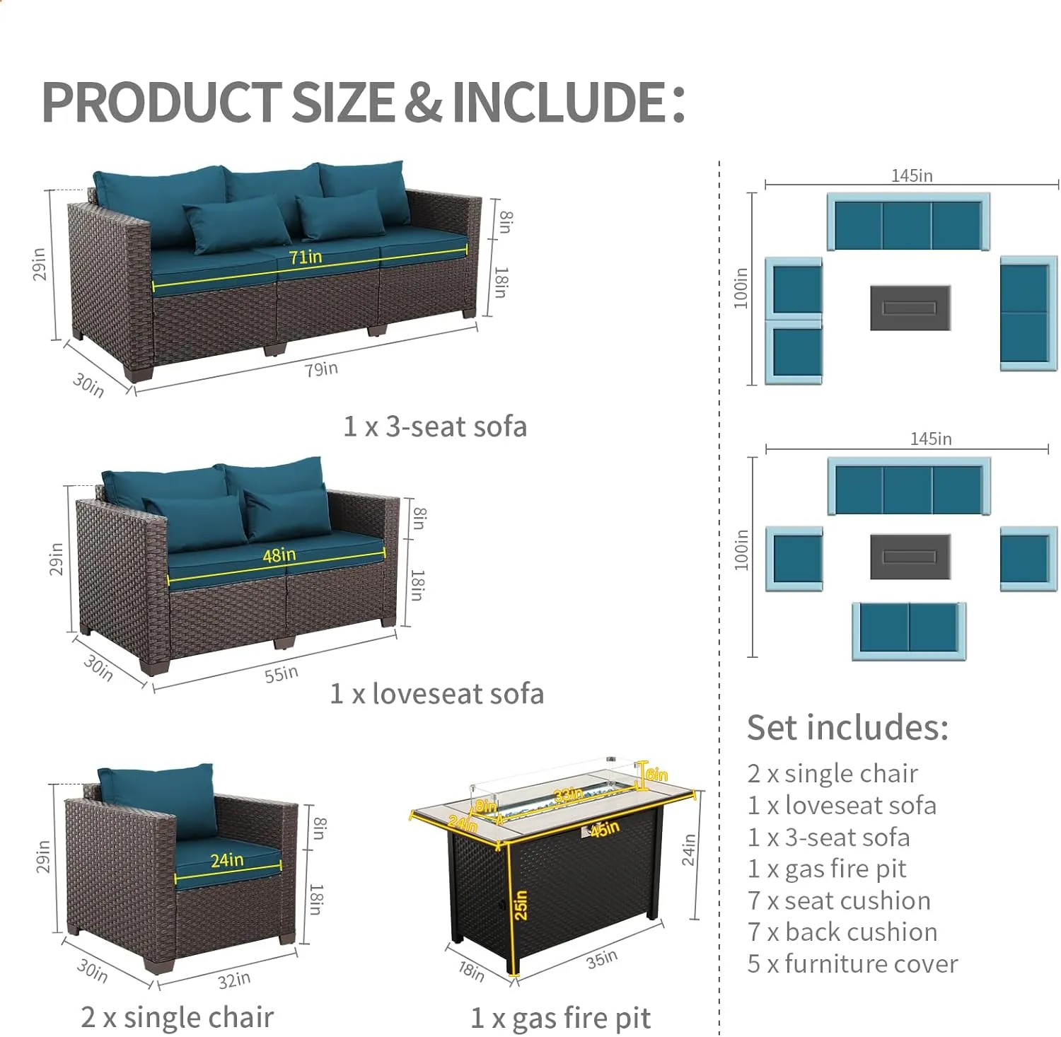 Rattaner 5-Piece Outdoor Patio Furniture 45"" Outdoor Fire Pits Patio Furniture Set 60000BTU Outdoor Propane Fire Pit No-Slip Cushions Waterproof Covers, Peacock Blue