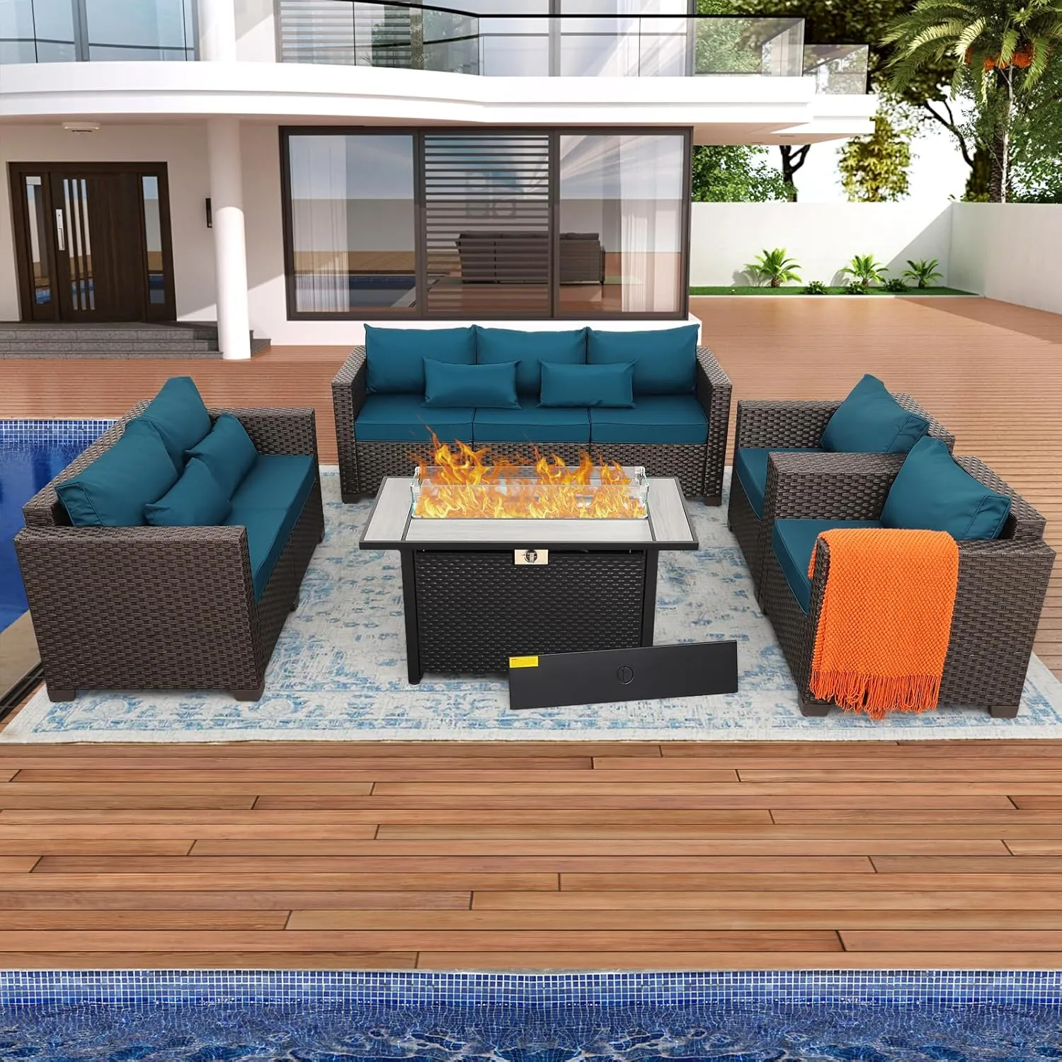 Rattaner 5-Piece Outdoor Patio Furniture 45"" Outdoor Fire Pits Patio Furniture Set 60000BTU Outdoor Propane Fire Pit No-Slip Cushions Waterproof Covers, Peacock Blue