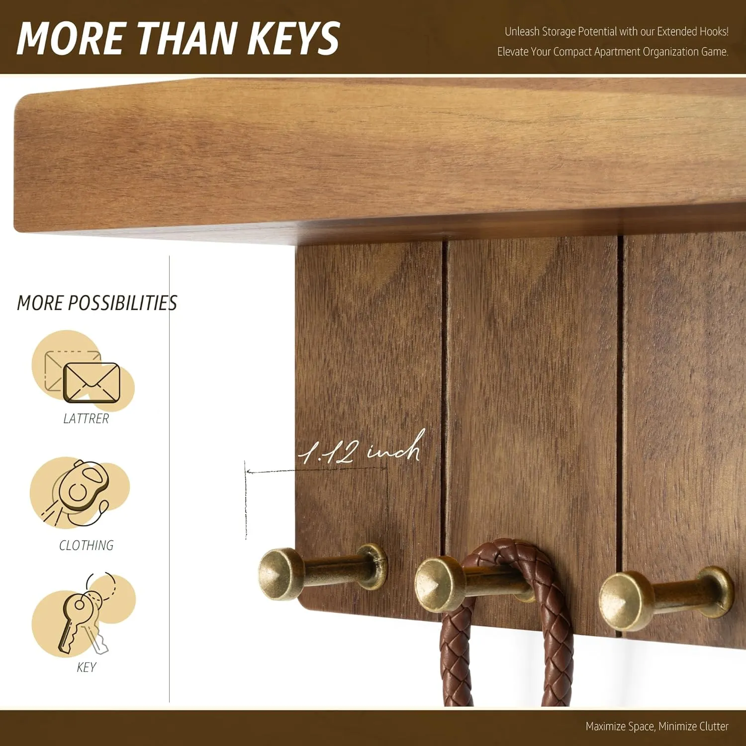 Rebee Vision Farmhouse Key Holder Wall Mount - Small Key Rack & Mail Organizer for Wall with 4 Key Hooks & Small Shelf - Home Essentials for Home Decor (Acacia Wood)