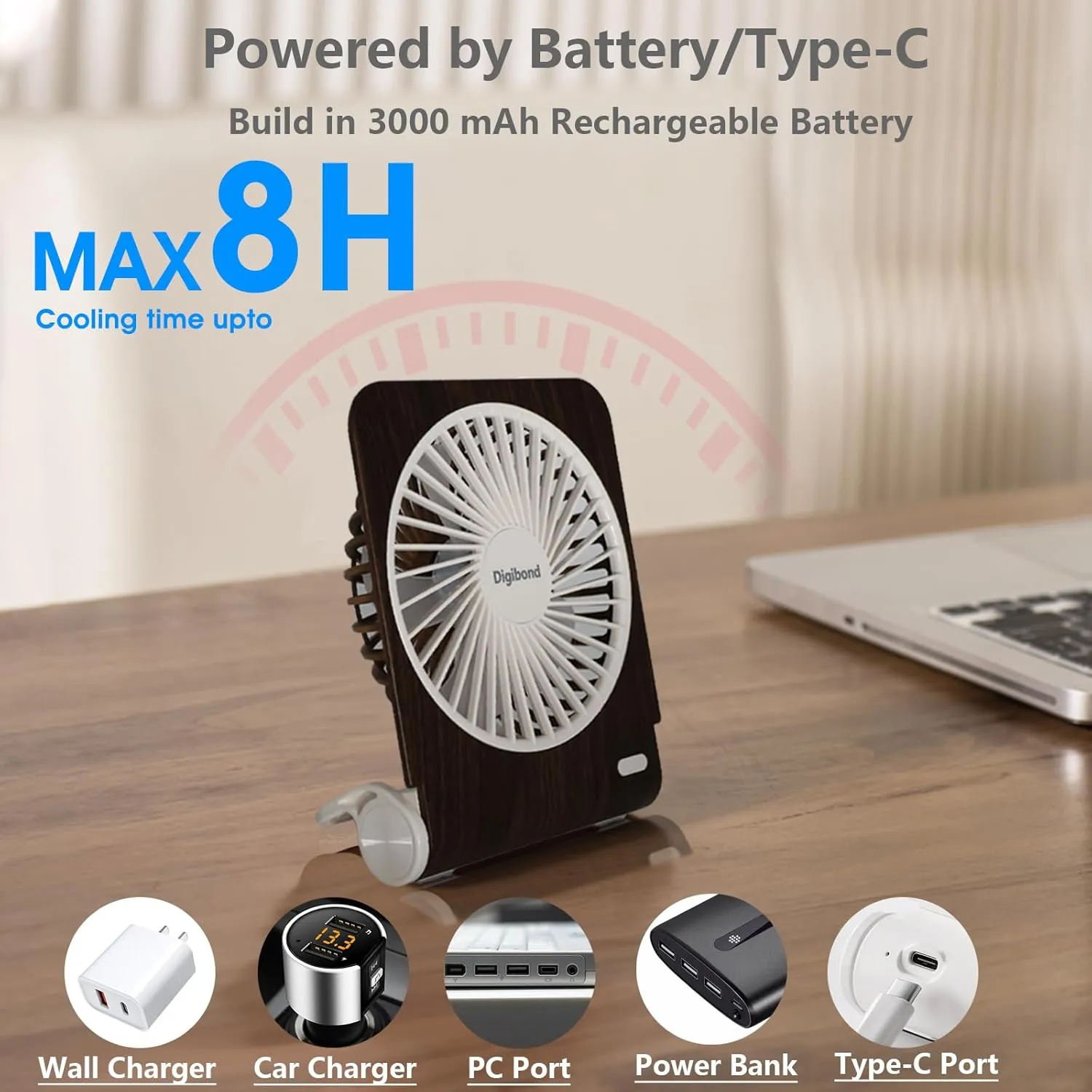 Rechargeable Desk Fan Quiet and Small 225° Rotated Small USB Fan for Home