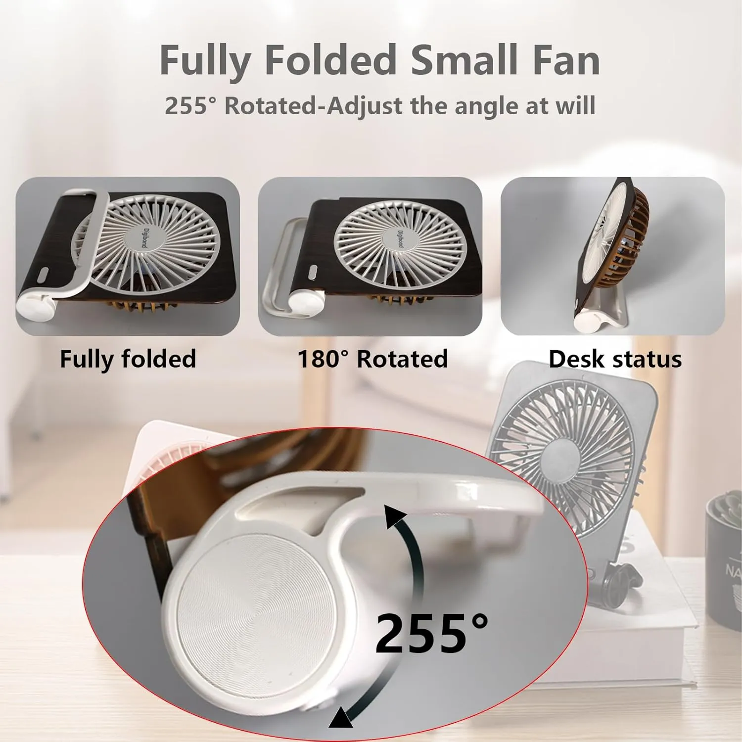 Rechargeable Desk Fan Quiet and Small 225° Rotated Small USB Fan for Home