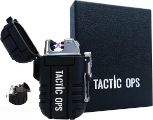 Rechargeable Military Windproof/Waterproof Lighter - Tactical Outdoor Dual Arc Electric - Great Outdoor Lighter for Camping AMD Hiking with an Emergency Whistle (Black)