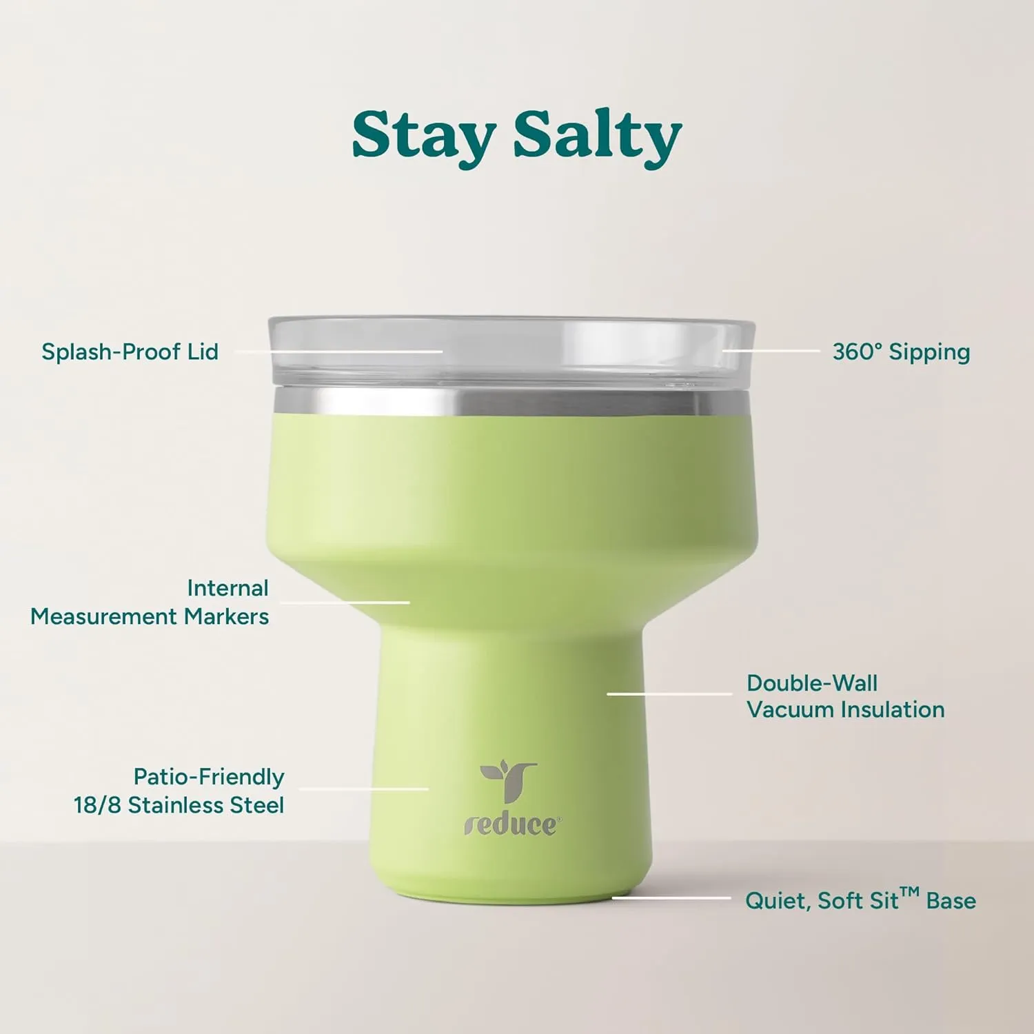 REDUCE Saltini 16 oz Cocktail Tumbler - Insulated Margarita Tumbler with Lid - Keeps Drinks Cold for 10 Hours - 360 Sippable Martini Glass Alternative - Shatterproof, Perfect for Parties - Mojito