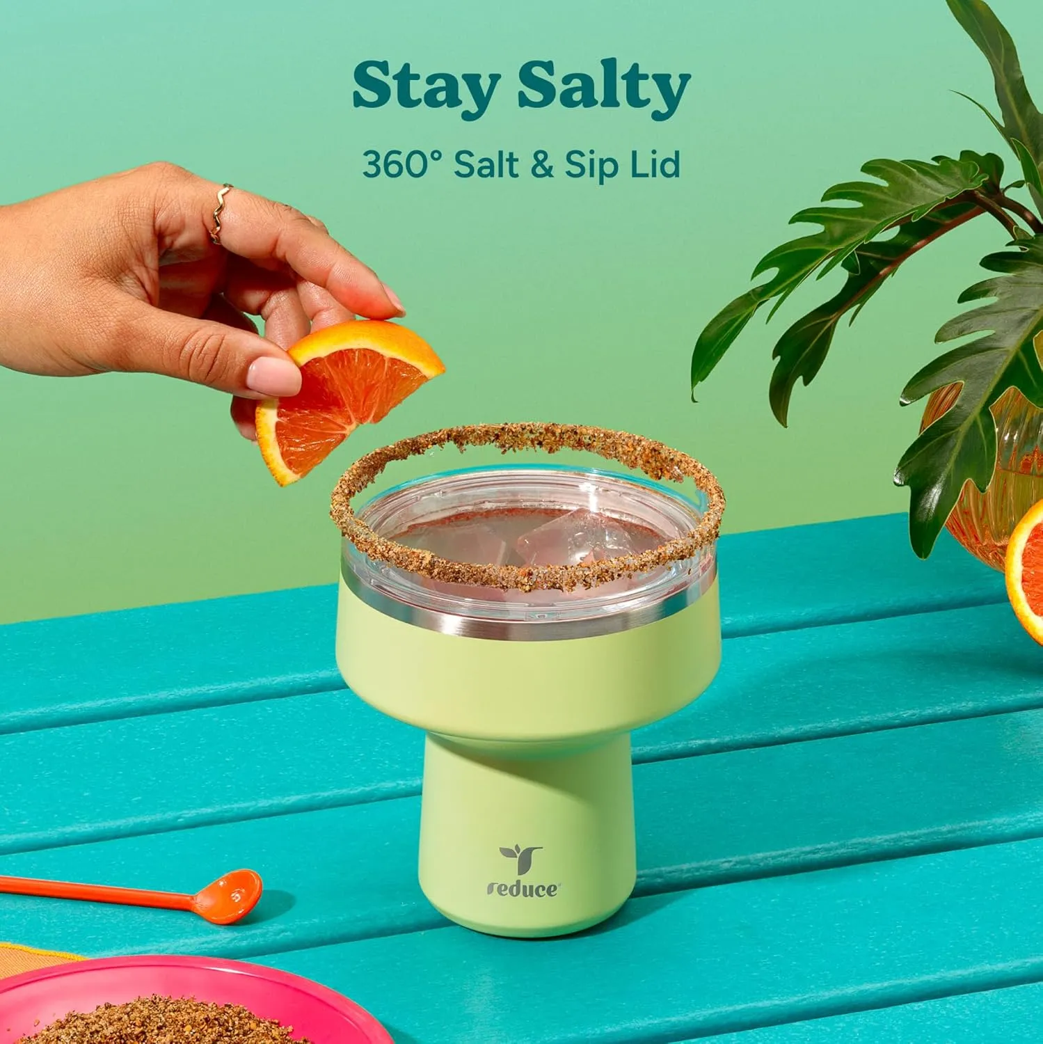REDUCE Saltini 16 oz Cocktail Tumbler - Insulated Margarita Tumbler with Lid - Keeps Drinks Cold for 10 Hours - 360 Sippable Martini Glass Alternative - Shatterproof, Perfect for Parties - Mojito