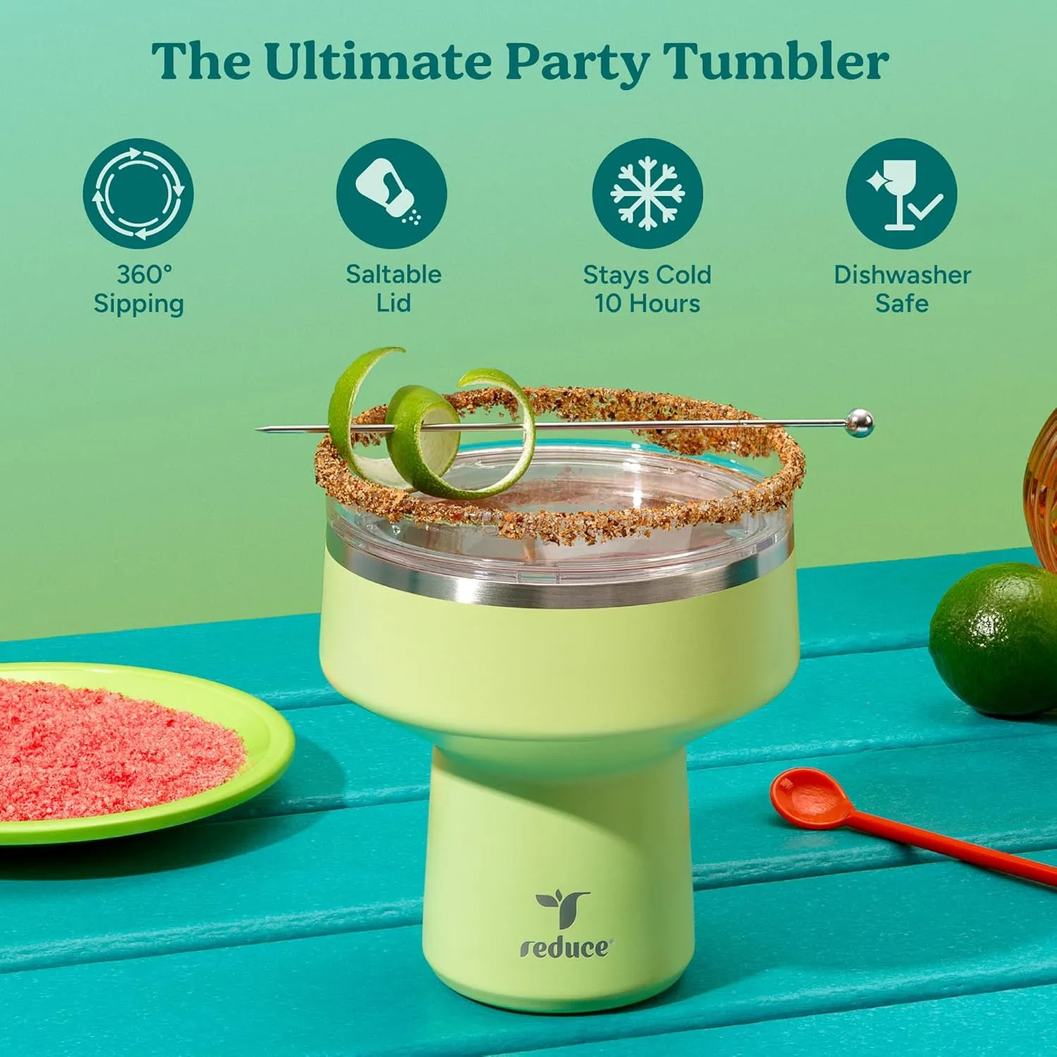 REDUCE Saltini 16 oz Cocktail Tumbler - Insulated Margarita Tumbler with Lid - Keeps Drinks Cold for 10 Hours - 360 Sippable Martini Glass Alternative - Shatterproof, Perfect for Parties - Mojito
