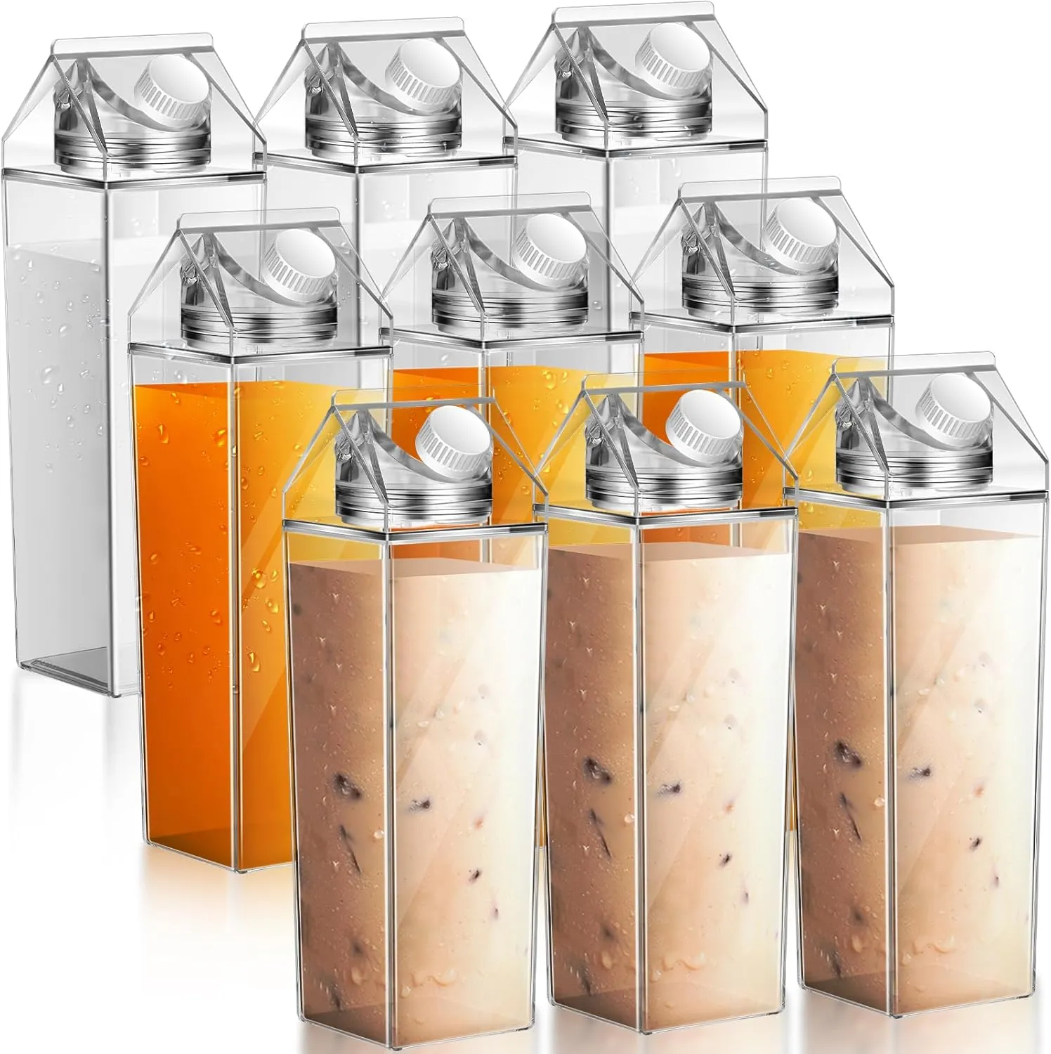 Remerry 9 Pcs 34oz Clear Milk Carton Water Bottle Plastic Clear Milk Carton Cup Square Plastic Cute Milk Carton Container Portable Reusable Milk Bottles Leakproof Juice Bottle for Sports Camping