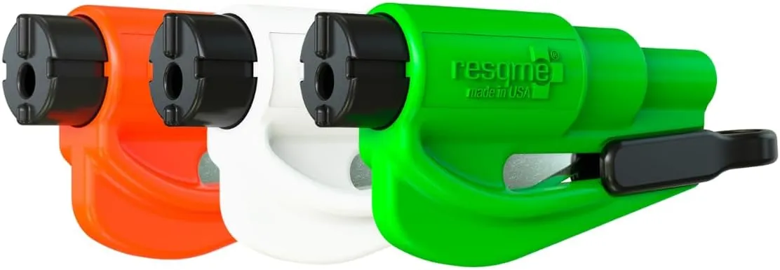 RESQME The Original Emergency Keychain Car Escape Tool, 2-in-1 Seatbelt Cutter and Window Breaker, Made in USA, Family Pack of 3, Orange, White, Lime Green- Compact Emergency Hammer
