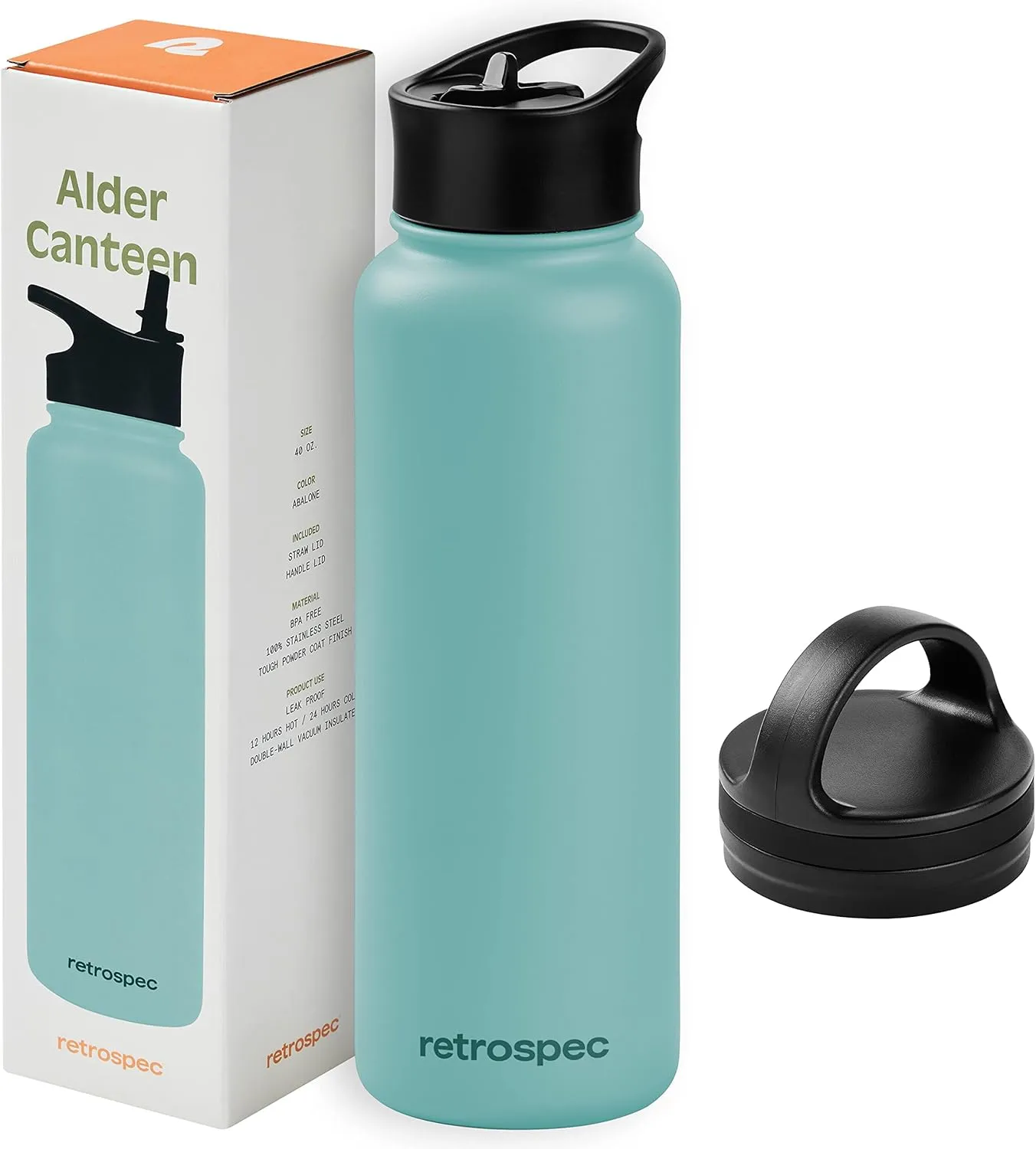 Retrospec Alder Insulated Water Bottle with Straw Lid & Handle Cap - Stainless Steel Wide Mouth Double-Wall Vacuum Insulated Thermos - BPA Free Leakproof Canteen