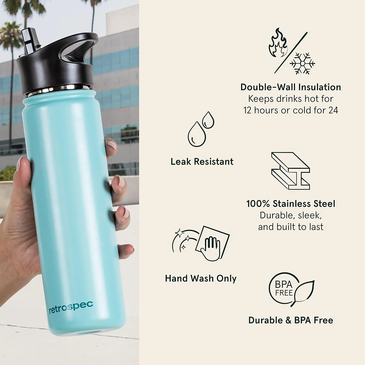 Retrospec Alder Insulated Water Bottle with Straw Lid & Handle Cap - Stainless Steel Wide Mouth Double-Wall Vacuum Insulated Thermos - BPA Free Leakproof Canteen