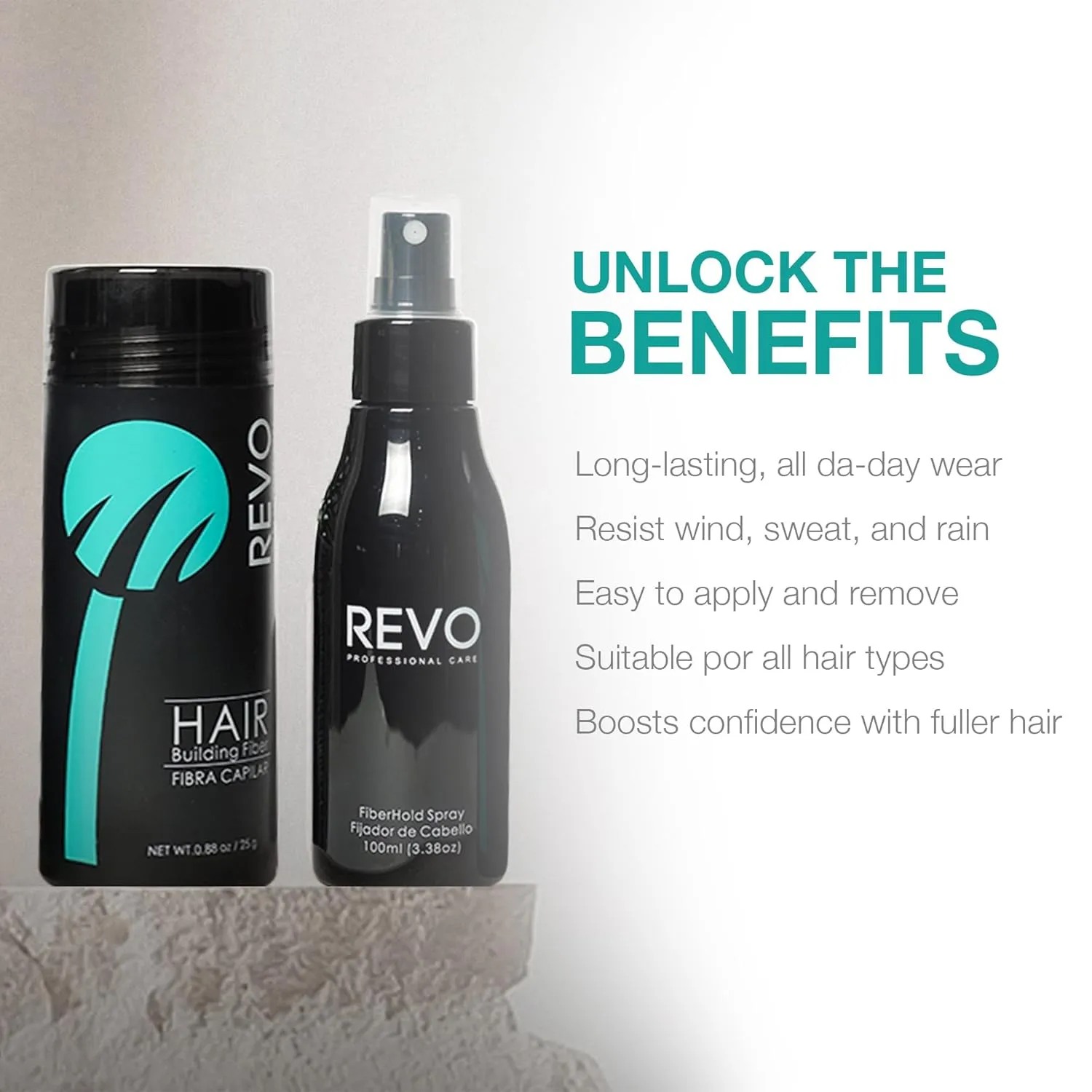 REVO Hair Building Fibers - 25g Hair Fibers for Thinning Hair, 100ml Fiberhold Spray & Hairline Optimizer - Hair Fibers for Bald Spot Cover Up, Scalp Concealer & Volume for Men & Women - Black