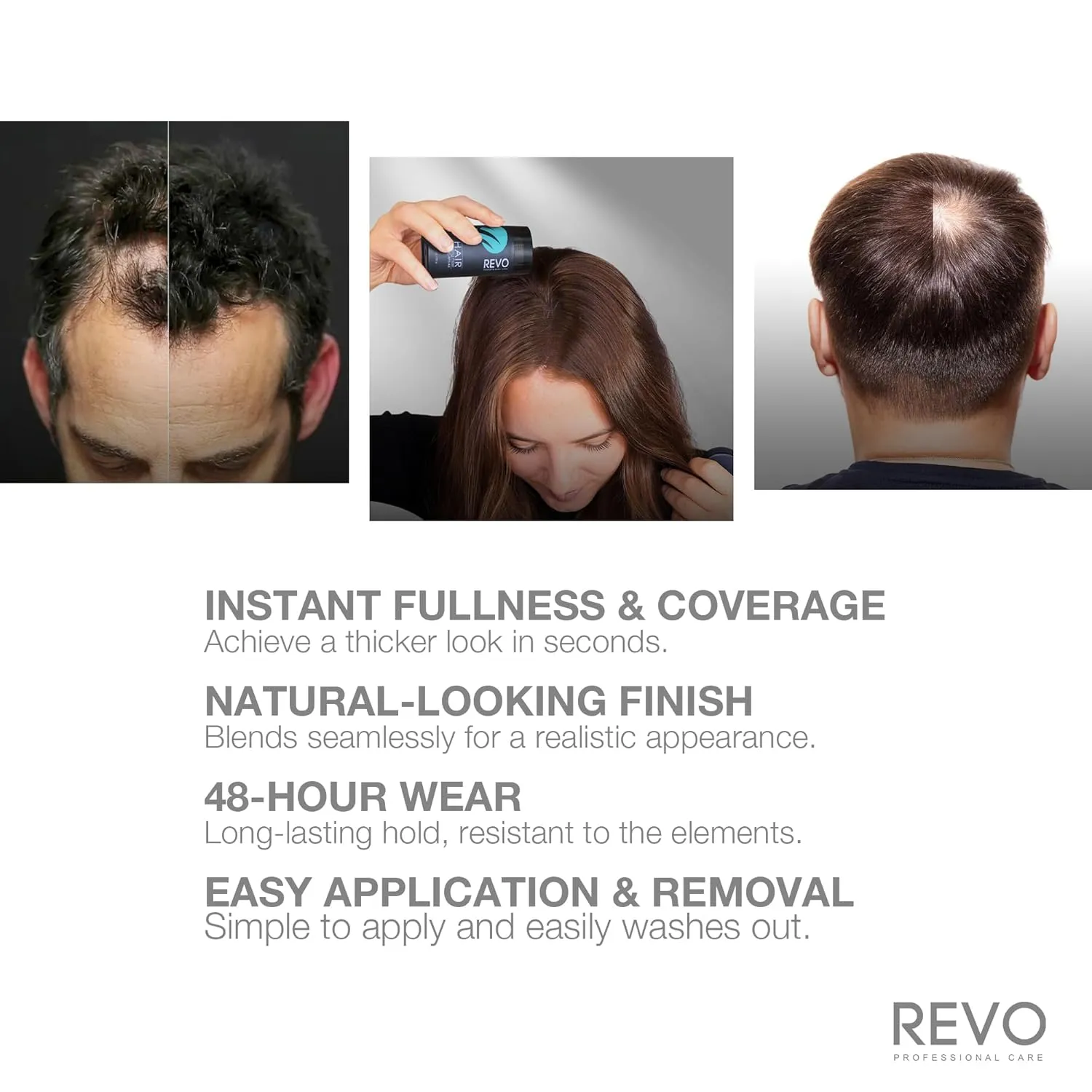 REVO Hair Building Fibers - 25g Hair Fibers for Thinning Hair, 100ml Fiberhold Spray & Hairline Optimizer - Hair Fibers for Bald Spot Cover Up, Scalp Concealer & Volume for Men & Women - Black