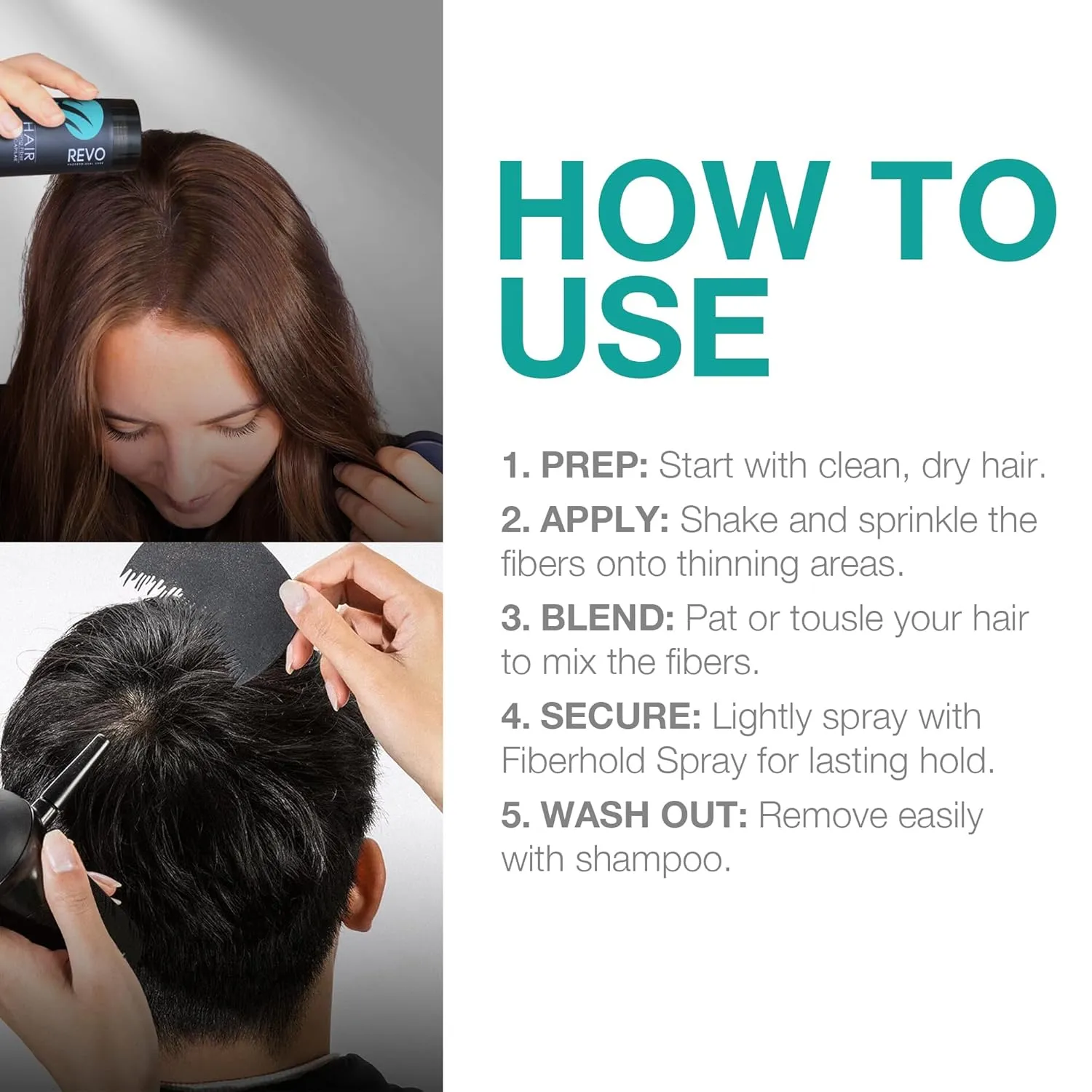 REVO Hair Building Fibers - 25g Hair Fibers for Thinning Hair, 100ml Fiberhold Spray & Hairline Optimizer - Hair Fibers for Bald Spot Cover Up, Scalp Concealer & Volume for Men & Women - Black
