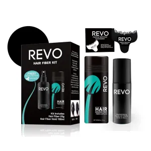 REVO Hair Building Fibers - 25g Hair Fibers for Thinning Hair, 100ml Fiberhold Spray & Hairline Optimizer - Hair Fibers for Bald Spot Cover Up, Scalp Concealer & Volume for Men & Women - Black