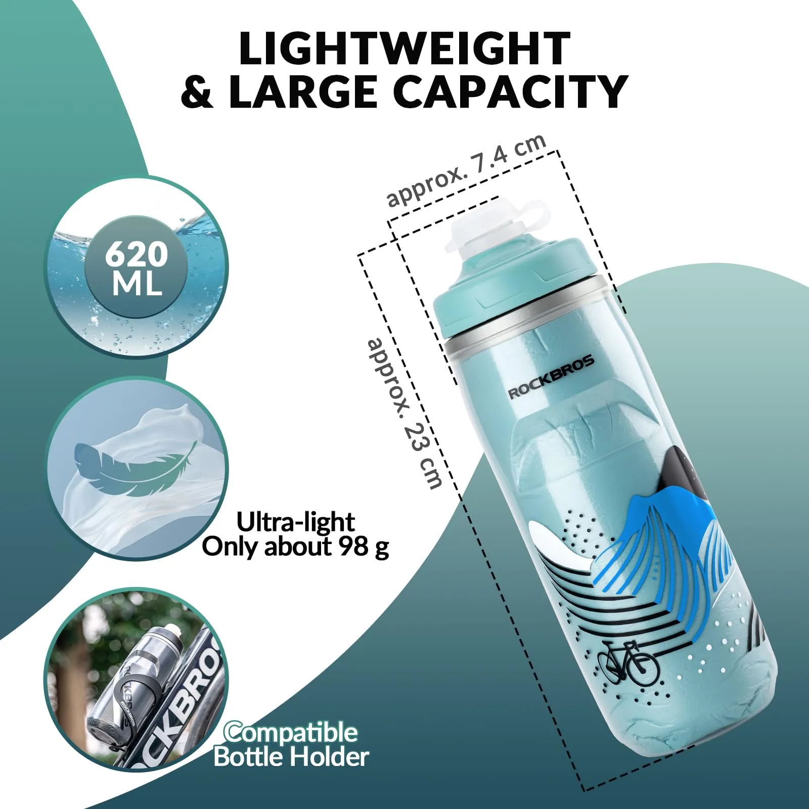 ROCKBROS 620ml Leakproof Insulated Sports Water Bottle for Bikes Outdoor