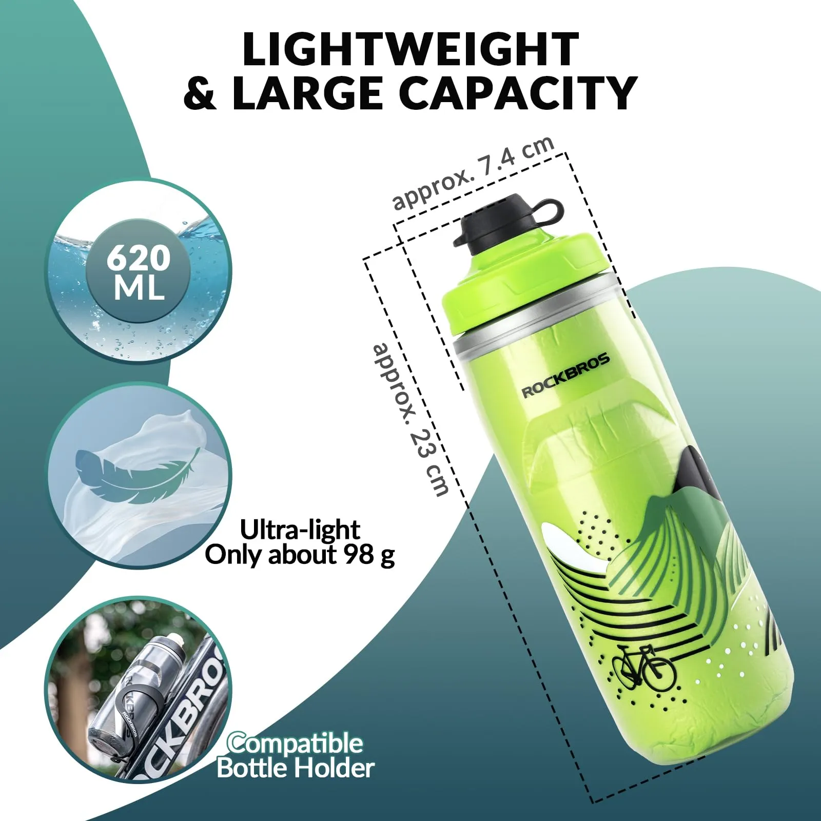 ROCKBROS 620ml Leakproof Insulated Sports Water Bottle for Bikes Outdoor