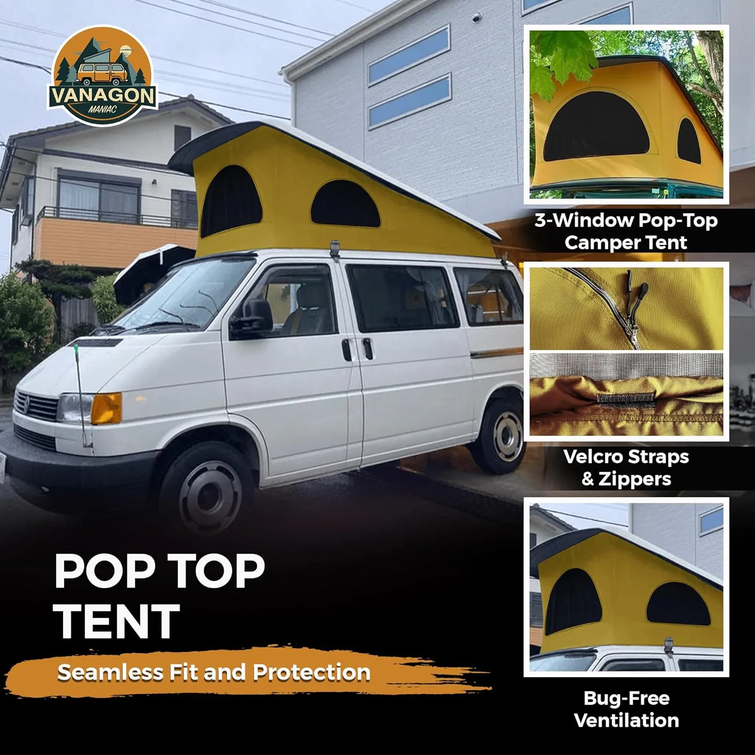 Roof Top Tent Camping 3 Window Roof Tent Pop Top Camper Canvas Compatible with VW T4 Eurovan Weekender Short Wheel Based SWB Camper - 2 Person Rooftop Tents