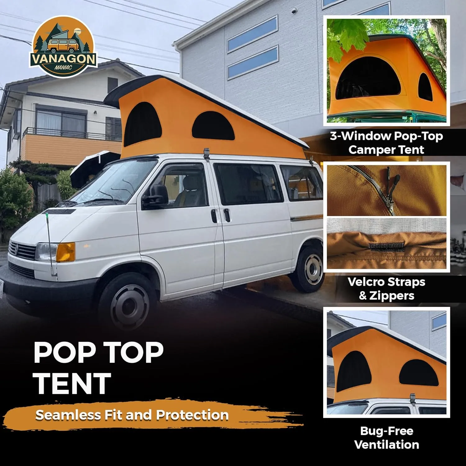 Roof Top Tent Camping 3 Window Roof Tent Pop Top Camper Canvas Compatible with VW T4 Eurovan Weekender Short Wheel Based SWB Camper - 2 Person Rooftop Tents