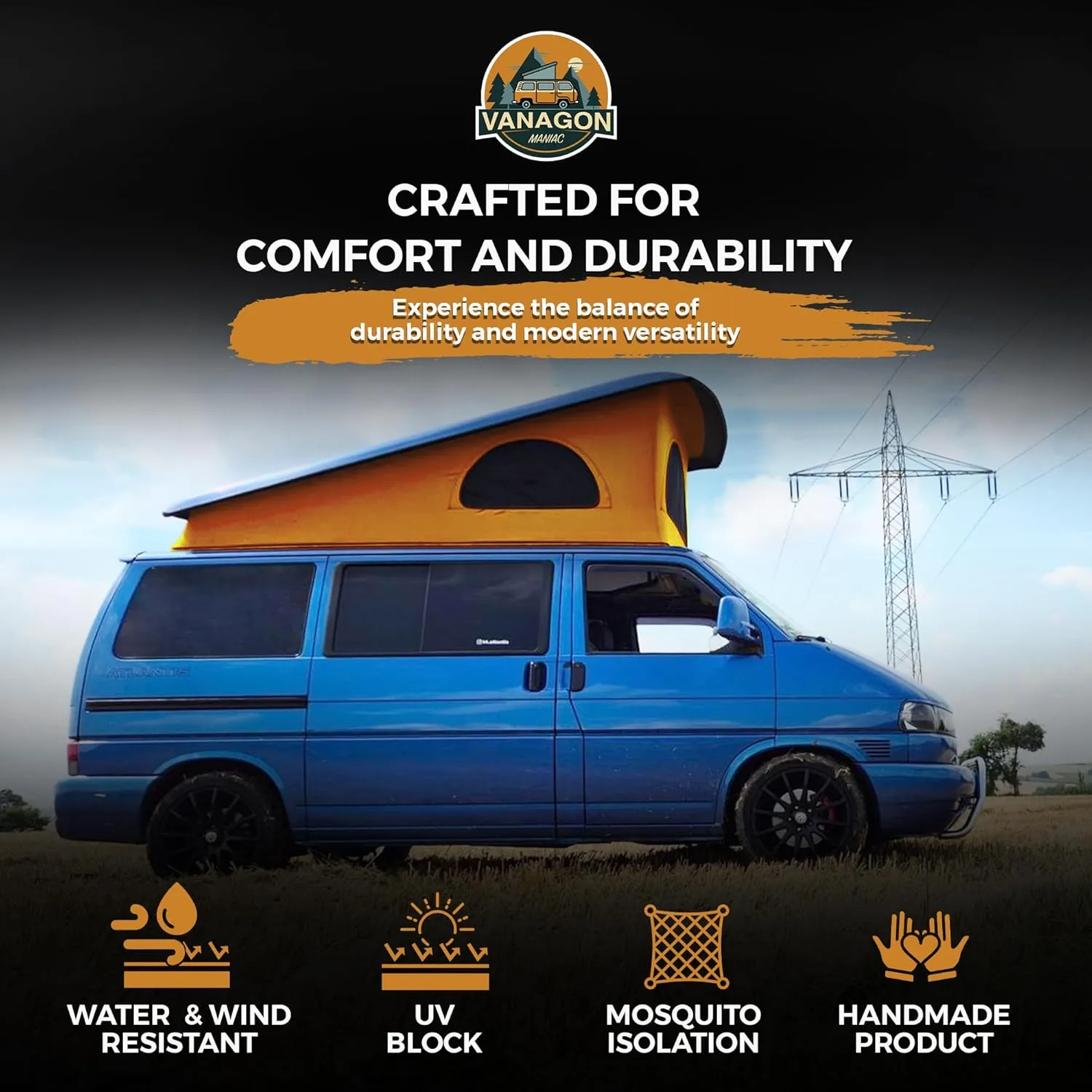 Roof Top Tent Camping 3 Window Roof Tent Pop Top Camper Canvas Compatible with VW T4 Eurovan Weekender Short Wheel Based SWB Camper - 2 Person Rooftop Tents