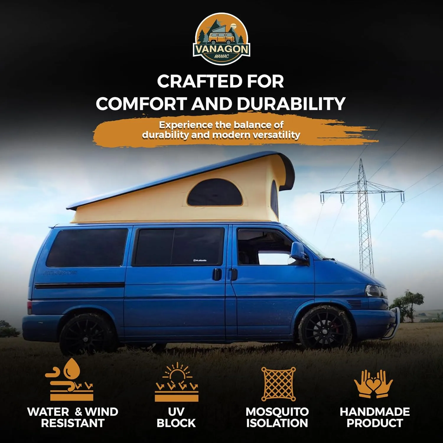 Roof Top Tent Camping 3 Window Roof Tent Pop Top Camper Canvas Compatible with VW T4 Eurovan Weekender Short Wheel Based SWB Camper - 2 Person Rooftop Tents