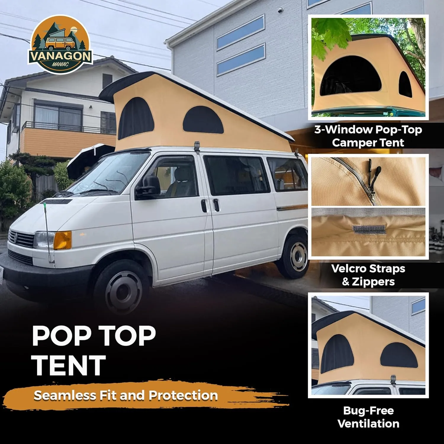 Roof Top Tent Camping 3 Window Roof Tent Pop Top Camper Canvas Compatible with VW T4 Eurovan Weekender Short Wheel Based SWB Camper - 2 Person Rooftop Tents