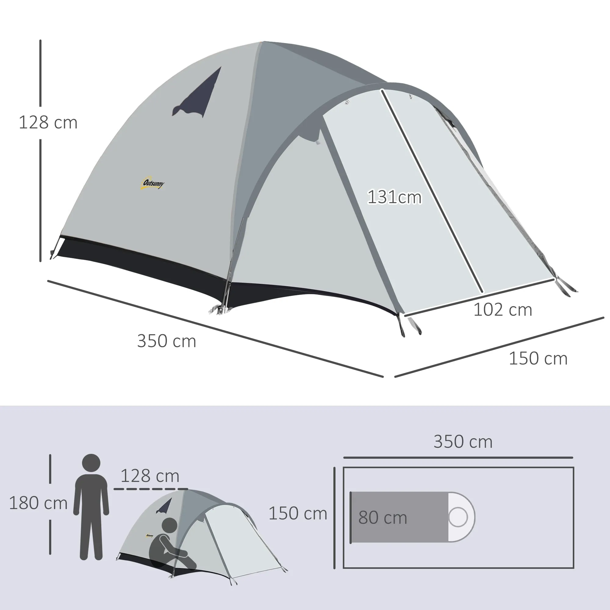 Rootz Camping Tent - Waterproof Family Shelter - Portable Outdoor Tent - Double Layer - 350 x 150 x 128 cm - Grey