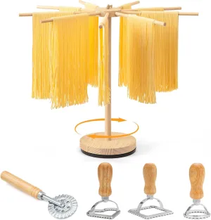 Rotary Pasta Drying Rack, Collapsible Pasta Drying Rack,Ravioli Stamp Maker Cutter with Roller Wheel (4 pcs), Detachable Spaghetti Pasta Noodle Drying Rack Hanger Stand